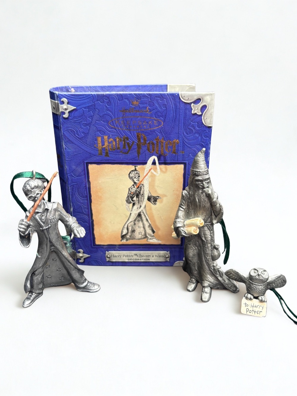 Set of 2000s Harry Potter Hallmark Pewter Keepsake Ornaments Dumbledore Hedwig